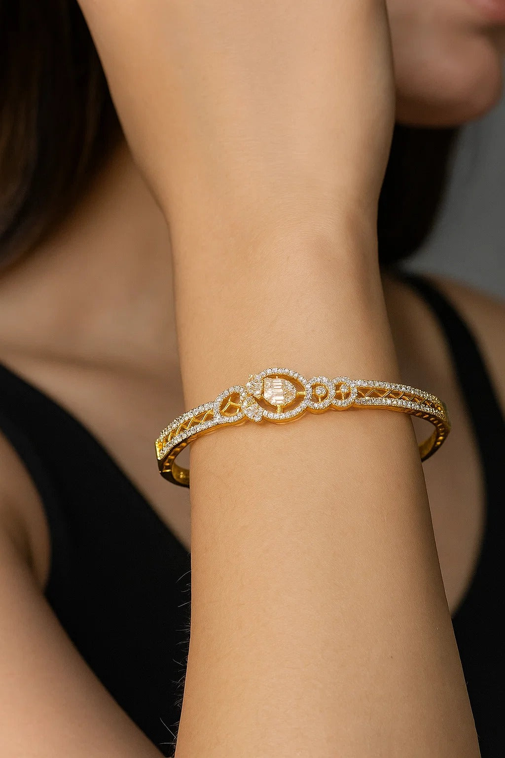 Golden Openable Bracelet with Designer CZ Detailing